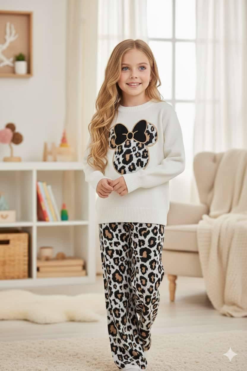 Kız Çocuk Leopar Desenli Triko Takım Pantolon 2’li Kombin