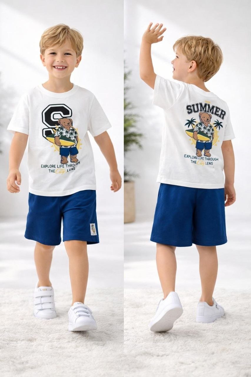 çocukmavişorttişört Erkek Çocuk Summer Bear Baskılı Şortlu Takım - Görsel 1