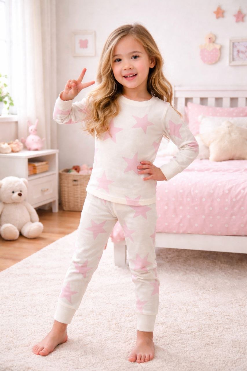 pijama takım1 Kız Çocuk Pembe Yıldızlı Pijama Takımı - Görsel 1