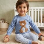 Çocuk Pelüş Ayıcık Aplikeli Çizgili Pamuklu Pijama Takımı