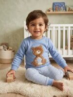 Çocuk Pelüş Ayıcık Aplikeli Çizgili Pamuklu Pijama Takımı