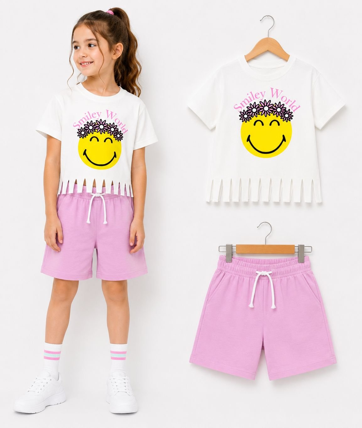 baskılı kız şortlu takım3 Kız Çocuk Smiley Baskılı Püsküllü Takım - Görsel 1