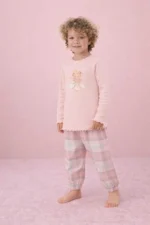 Kız Çocuk Fitilli Balerin Nakışlı Ekose Pijama Takımı - Görsel 3