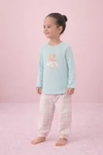Kız Çocuk Fitilli Balerin Nakışlı Ekose Pijama Takımı - Görsel 4