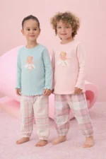 Kız Çocuk Fitilli Balerin Nakışlı Ekose Pijama Takımı - Görsel 2