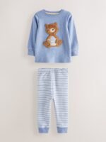 Çocuk Pelüş Ayıcık Aplikeli Çizgili Pamuklu Pijama Takımı - Görsel 2