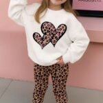 Kız Çocuk Leopar Kalp Baskılı %100 Pamuk Taytlı Takım