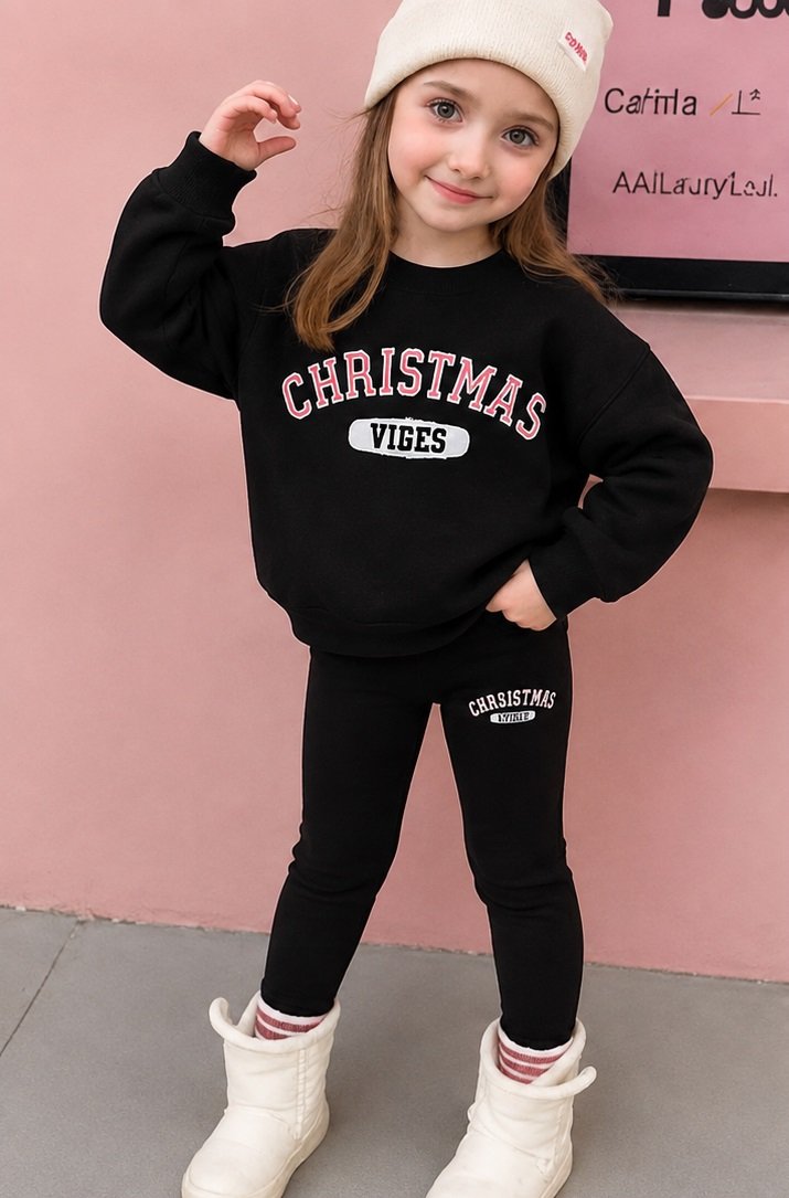 crhristmas basklı Kız Çocuk Christmas Baskılı Mevsimlik İkili Takım - Görsel 1