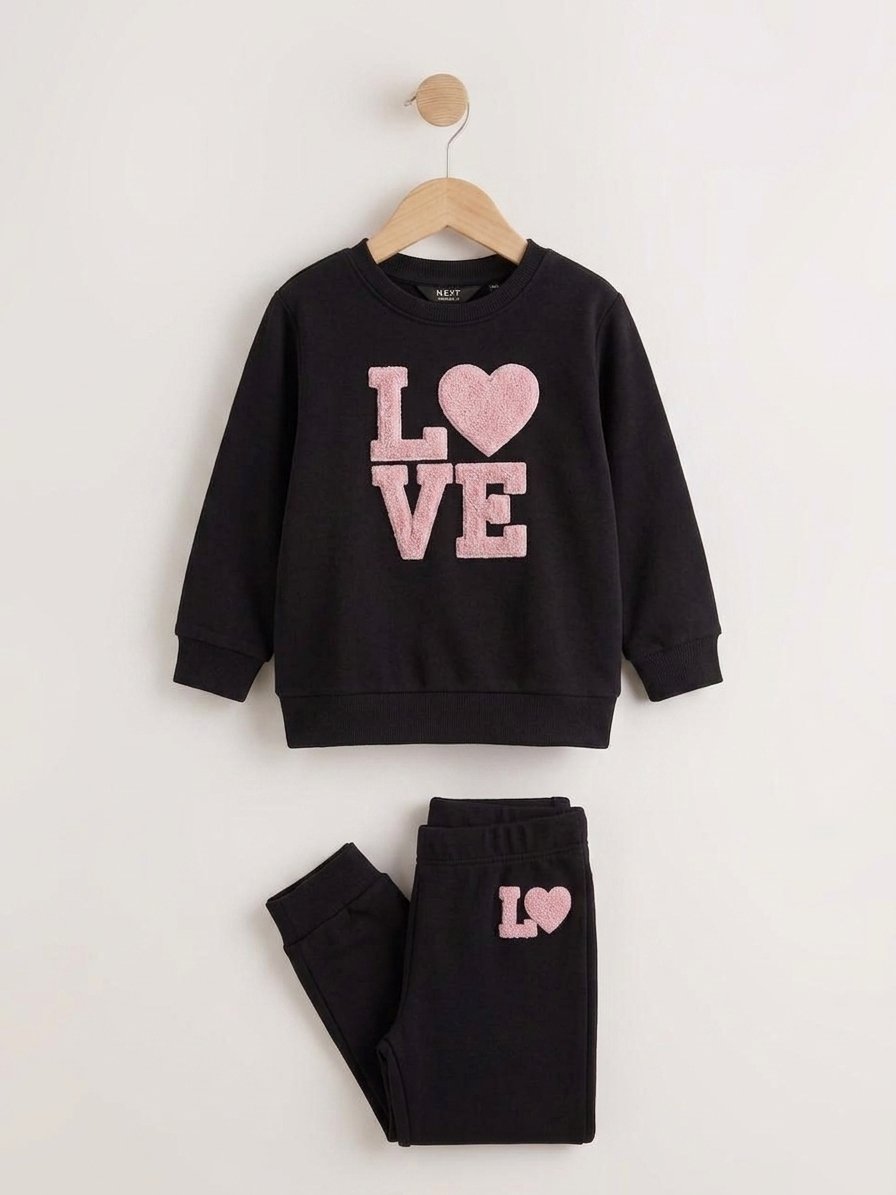 love nakışlı takım Kız Çocuk Kalp ve Love Nakışlı İkili Takım - Görsel 1
